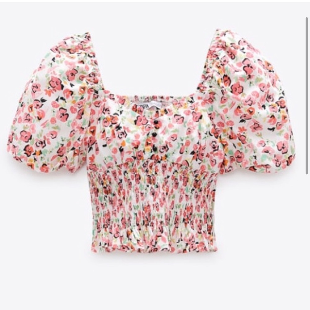 Zara floral crop top with puffy sleeve
